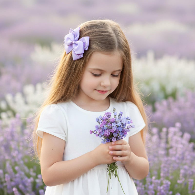 WJIAAA 2 Pcs Purple Hair Bow Clips, Sparkly Glitter Alligator Barrettes for Girls, Light Purple Hair Bows, 3.94 Inch Lavender Bowknot Hairpin with Dot Sequin for Cheerleader Birthday Parties - Image 3